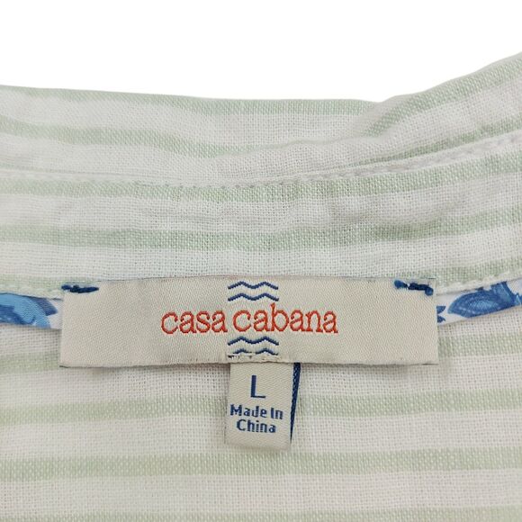 Casa Cabana Blouse Top Womens Large Sage Green Striped Cap Sleeve Linen Blend - Picture 8 of 11